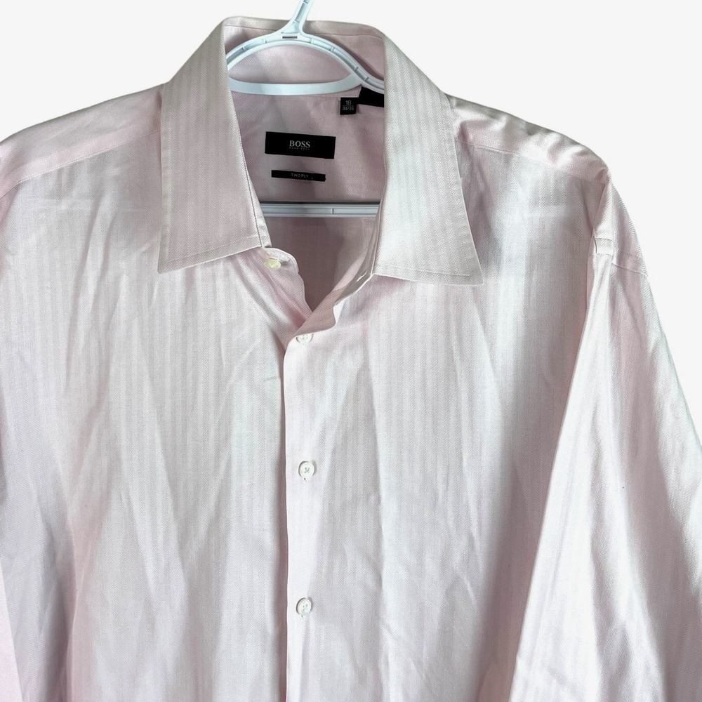 Hugo‎ Boss Dress Shirt Mens 18 34/35 Pink Two Ply Stripe Long Sleeve Button Up